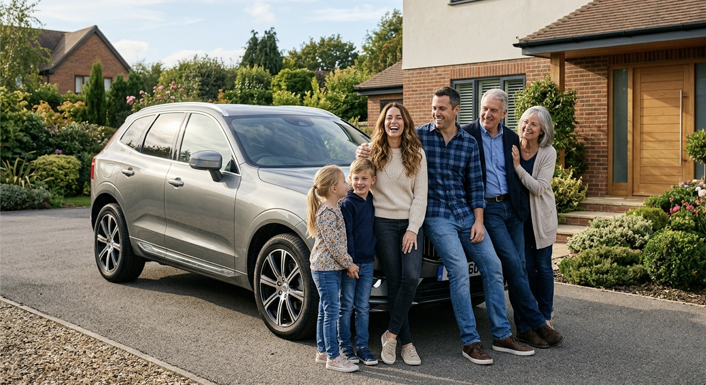 Happy family leaning against a modern safe SUV in a driveway